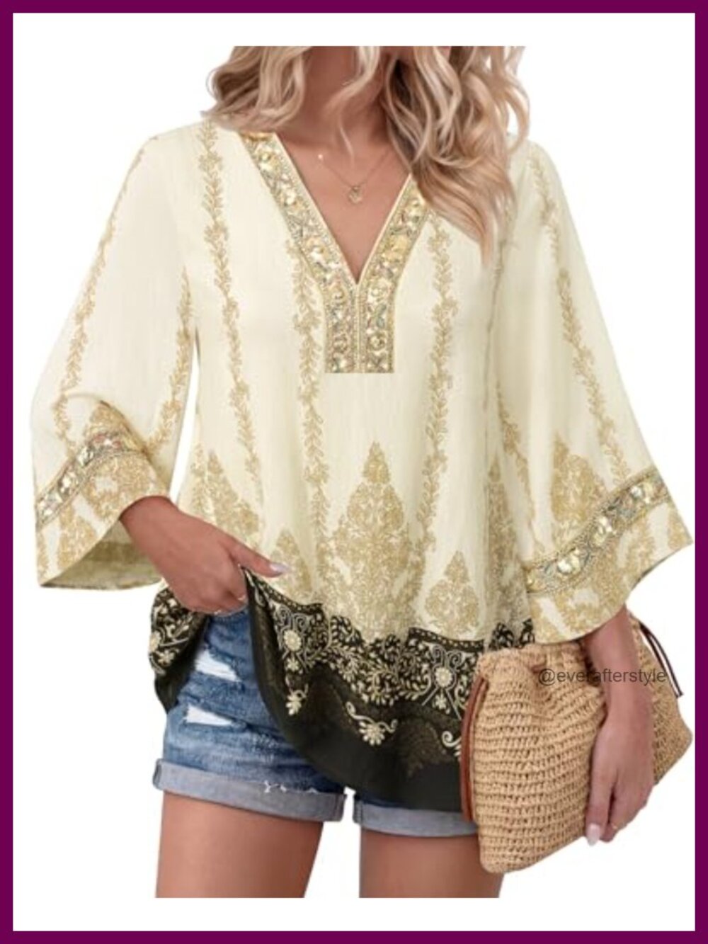 Bebonnie Womens 3/4 Sleeve Embroidered V Neck Boho Tunic Top